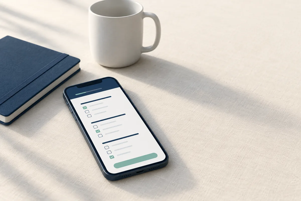 A phone showing the consultation questionnaire, beside a navy notebook and a white mug in daylight